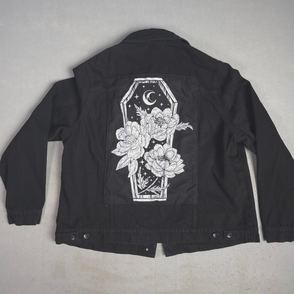 Hot Topic Black Denim Jacket Coffin Floral RIP Goth Punk Women Size 2